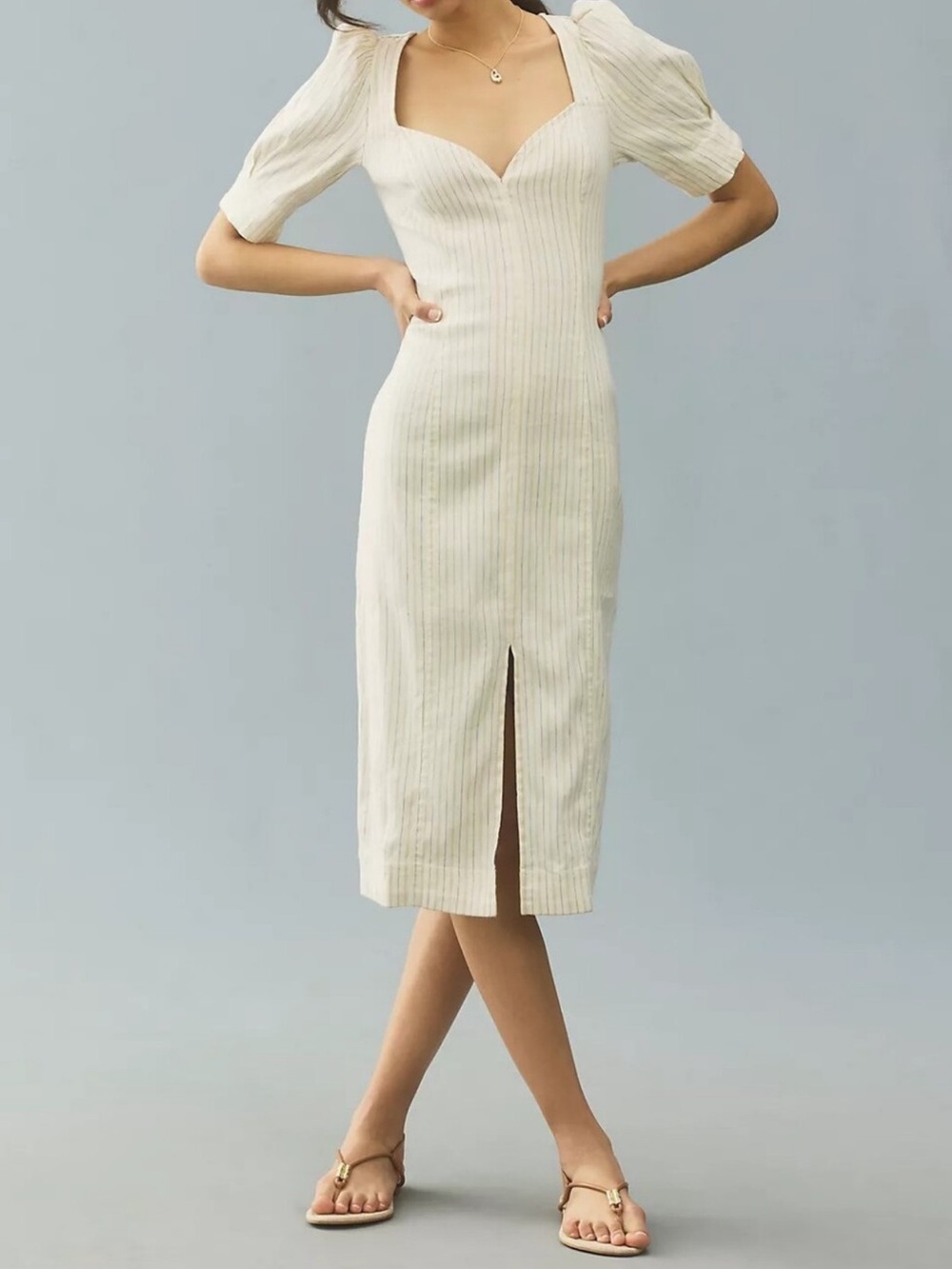 Anthropologie Pilcro Cream Midi Dress with Sweetheart Neckline and Front Slit M